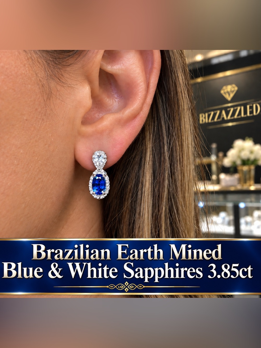 Royal Blue Sapphire white sapphire 14k on sterling silver earrings stud 3.85ct